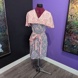 Two-Tone Pink and Blue Floral Midi Dress with Waist Tie